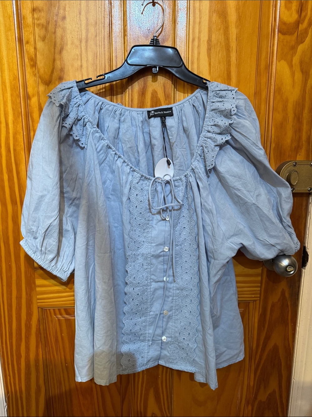 Women's Light Blue Eyelet Tie-Front Blouse - Unknown Brand